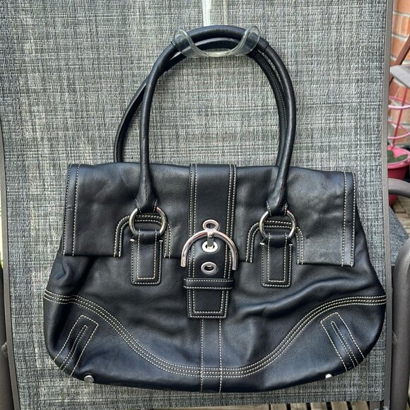 Coach Handbags - Coach 8A11 Black Leather Satchel Handbag Buckle Flap